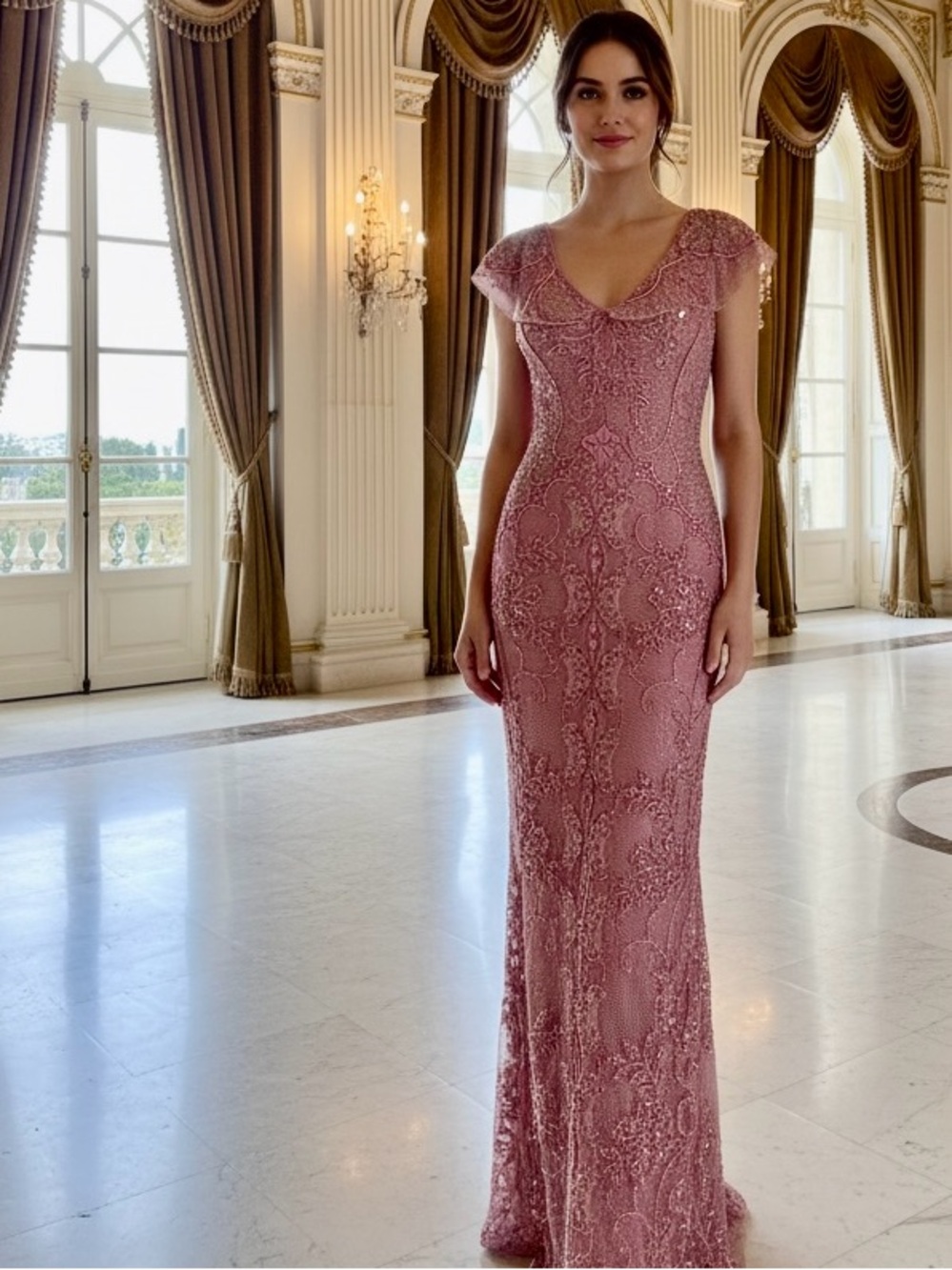 Elegant Mauve dusty Rose hand, beaded Lace Evening Gown -attitudes by Debra